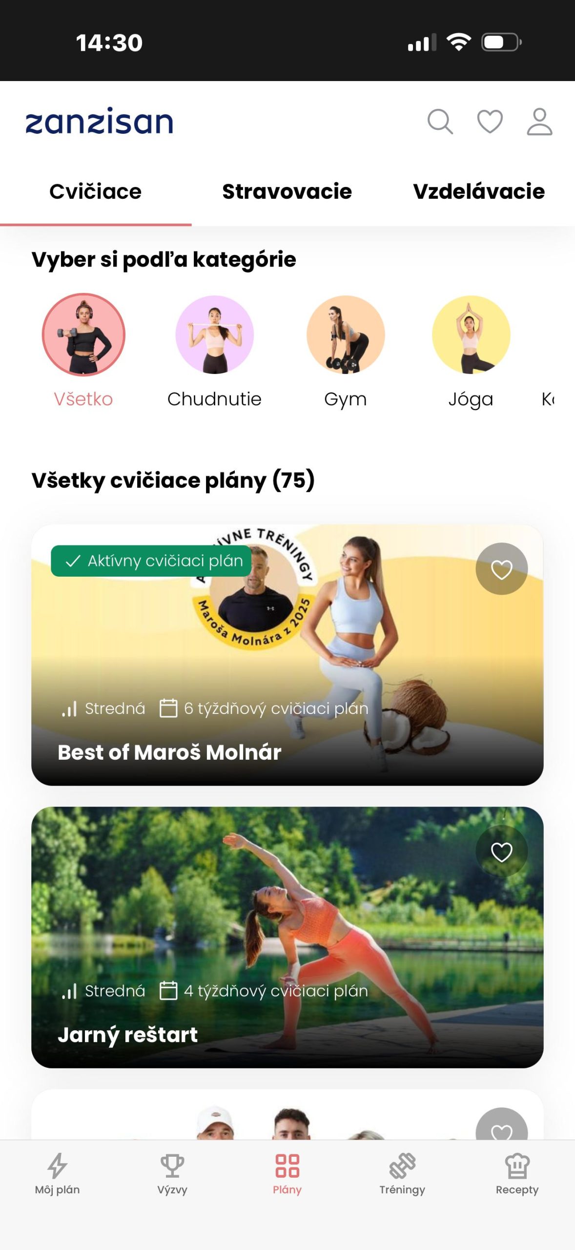 Cvičiace plány v mobilnej app Zanzisan